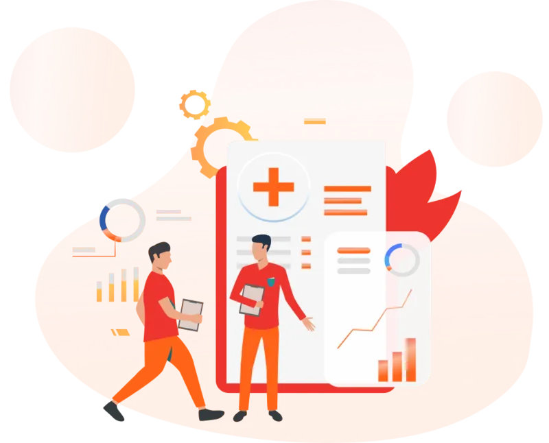 Digital healthcare analytics illustration with two characters.