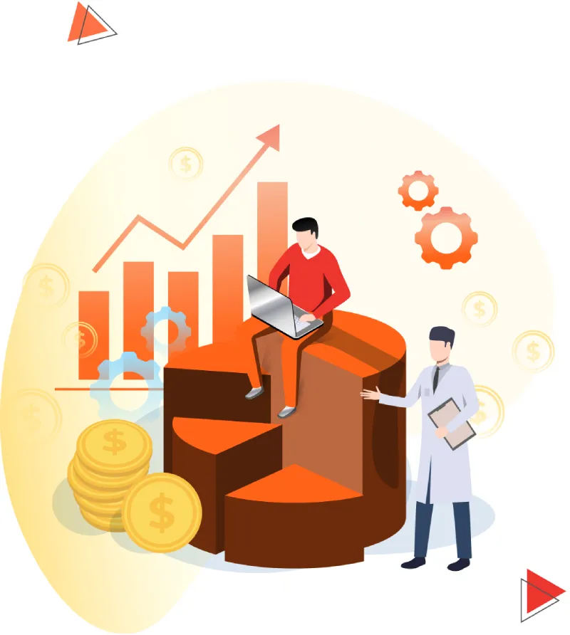 Business growth illustration with people and financial charts.