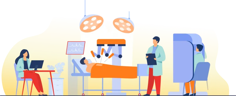 Hospital room with patients and medical staff illustration.