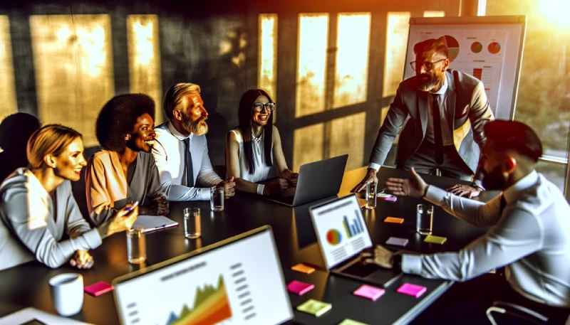 Diverse team in meeting with charts and laptops.