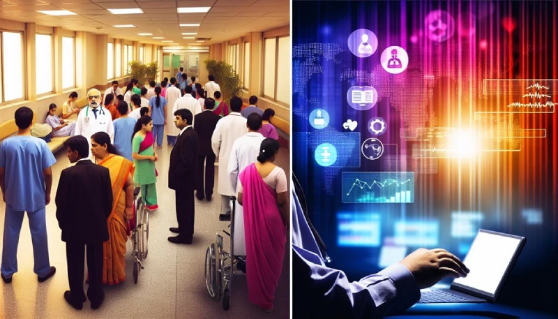 Busy hospital corridor and digital data analysis