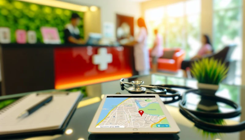 Tablet with map in hospital reception area.
