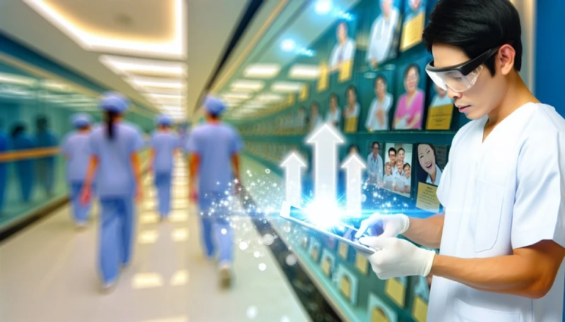 Healthcare professional using tablet in a hospital corridor.